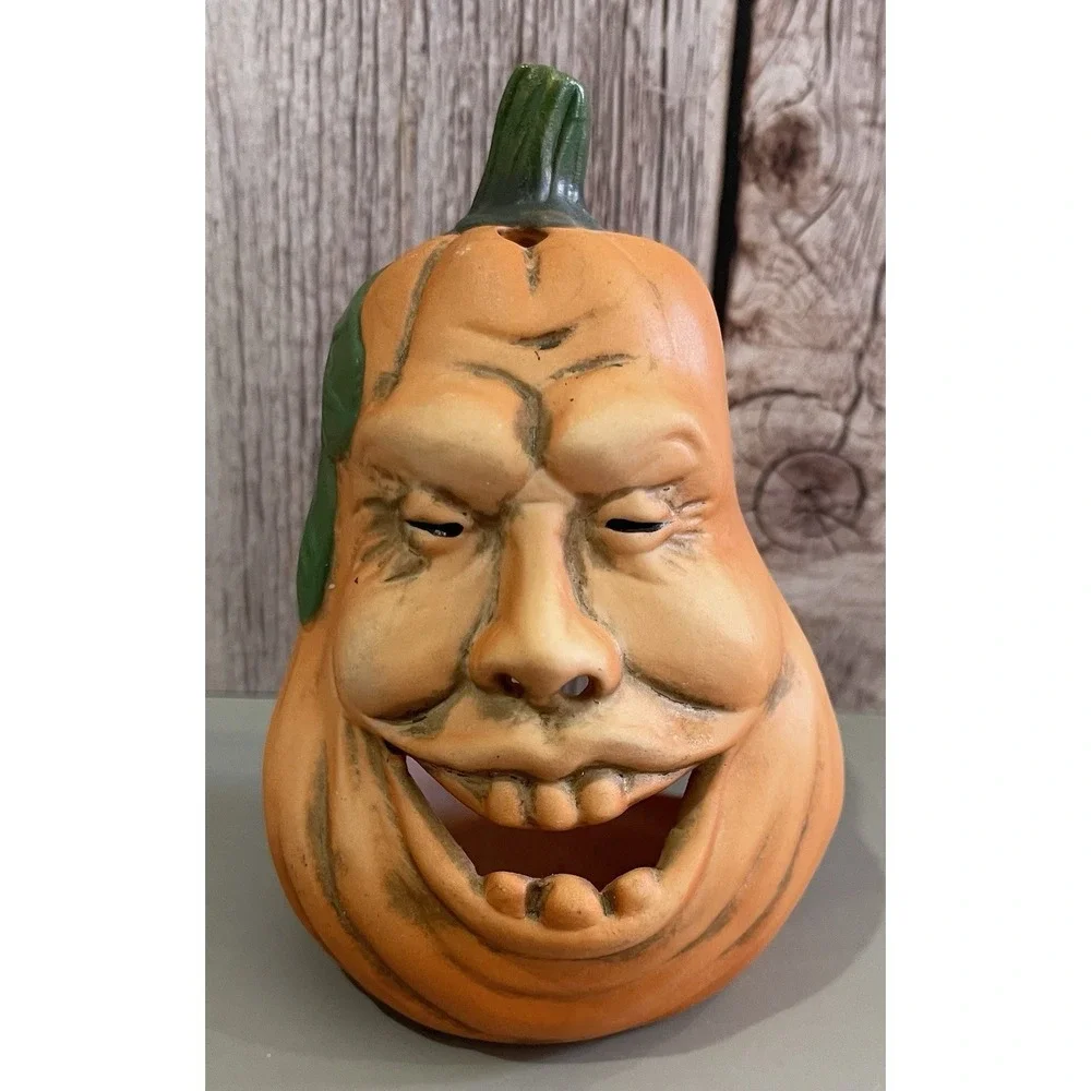 Vintage Halloween Ugly Face Pumpkin Jack o Lantern Votive Candle Holder Enesco